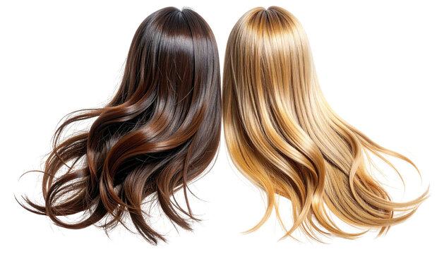 Two wigs, one dark, one blonde, flow against black