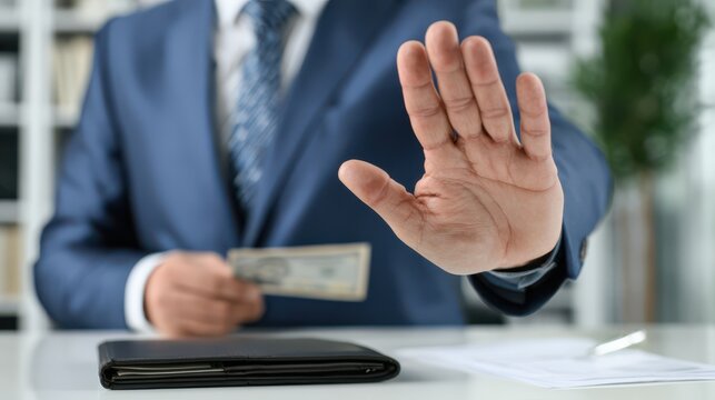 Businessman refusing a bribe, ethical business concept