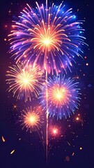 Fototapeta premium A vibrant digital illustration showcases exploding pyrotechnics. Multicolored bursts of light fill the dark background with fiery hues