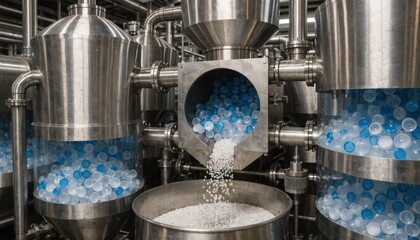 Medium shot showing automated reprocessing of washed caps into small plastic pellets highlighting the transformation from waste to reusable material on an industrial production