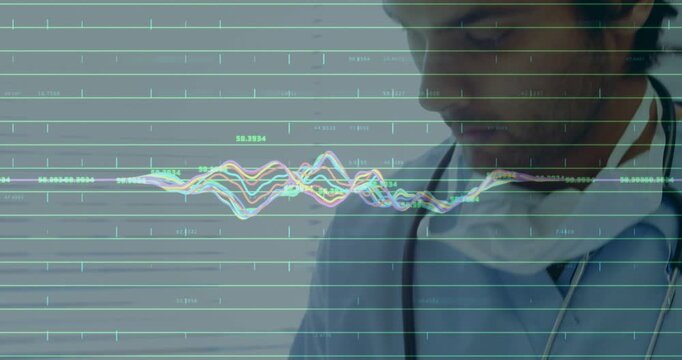 Doctor flipping chart and causing ECG waveform overlay while reading data and assessing health