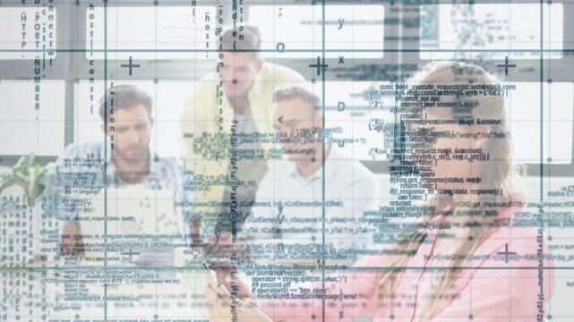 Woman tapping smartphone, standing man leaning in team reviewing tech code on laptop overlay moving
