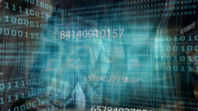 Two adults leaning and holding phone, creating tech HUD overlaying them while analyzing data