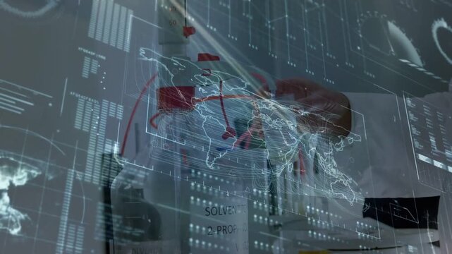 Hologram map activating, scientist hands adjusting tubing and dispensing solvent, validating data