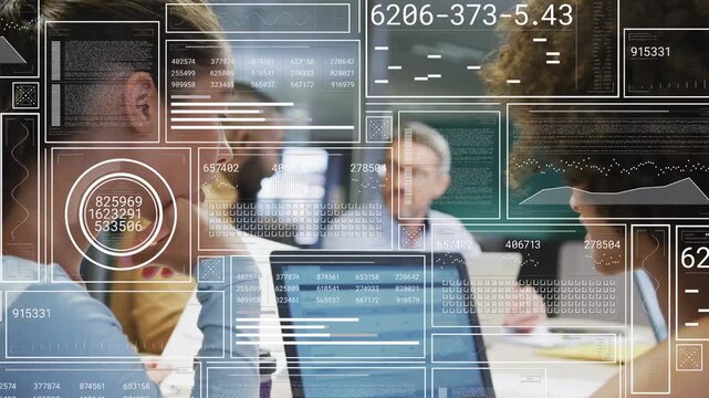 Left woman pointing at laptop, initiating HUD graphs while team reviewing spreadsheet for business