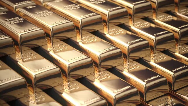 Gold ingots and bars stacked in rows. Precious metal ongots. 3d amimation