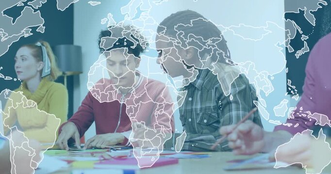 Vertical video: Two men pointing and arranging paper at table, sparking map overlay for class
