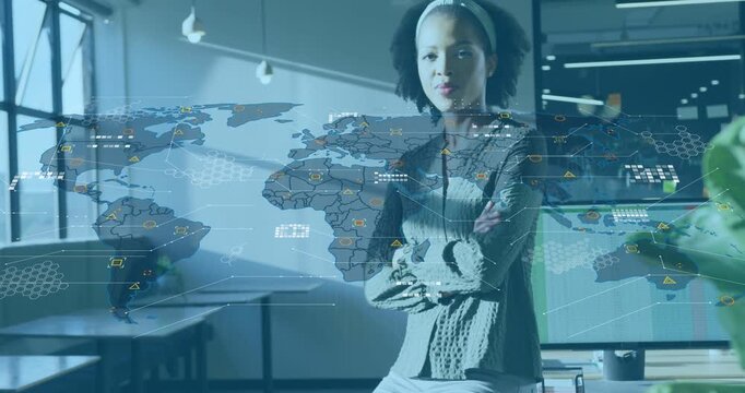Vertical video: Woman shifting facing camera as world map overlay appearing and showing tech data