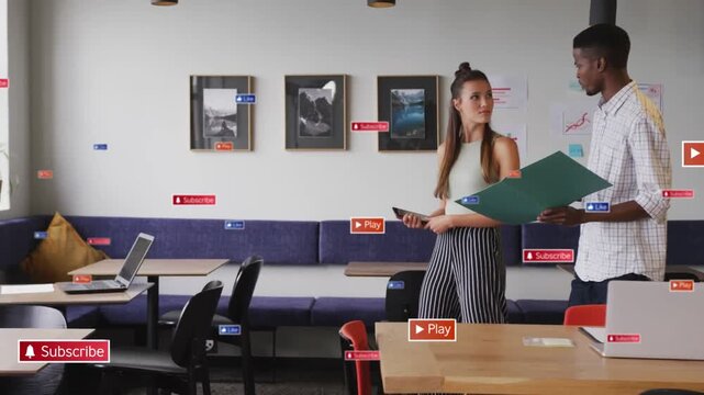 Two coworkers glancing, walking lounge, reviewing green folder and phone, UI labels showing project