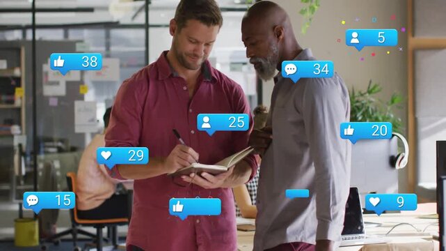 Two marketing pros with notes, one writing sparking blue bubbles, other watching, counts rising