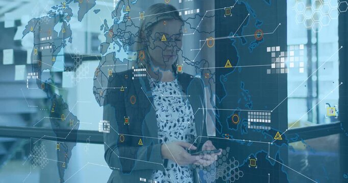 Woman tapping phone and checking biz data, causing animated world map on glass, glancing up smiling
