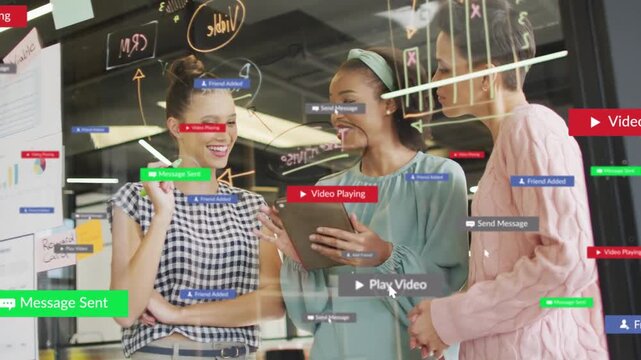 Vertical video: Business team tapping tablet behind glass casting play icons hiding then reviewing