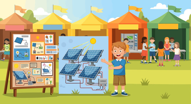 Young boy proudly presenting solar panel project at science fair.