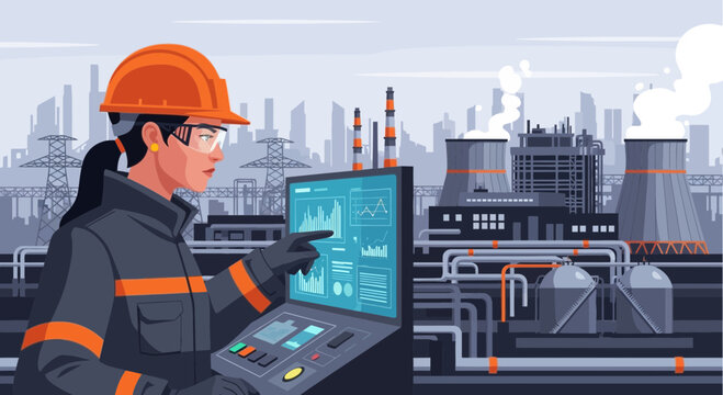 Female engineer monitoring industrial process on computer screen.