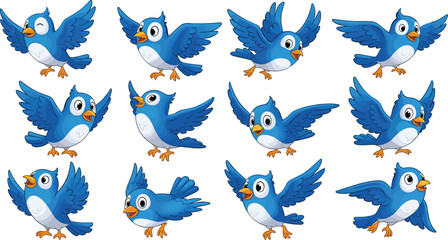 Obraz premium Cute blue birds flying collection with different poses cartoon animal characters playful vector illustration set