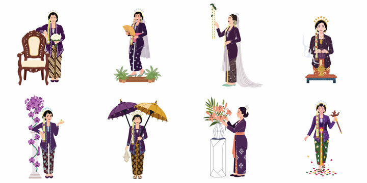 Collection of Javanese bride illustrations in purple kebaya and batik, performing traditional wedding rituals and posing with various cultural items.