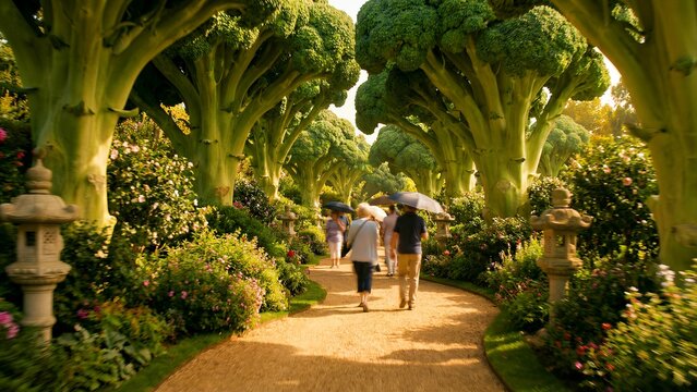Visitors leisurely stroll through a truly unique, magnificent garden setting, beneath an extraordinary archway formed by towering, whimsical, broccoli-like trees, casting dappled light upon the