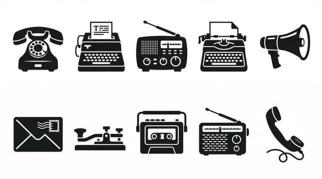 Collection of vintage communication devices and technology old telephone, typewriter, radio, and megaphone icons