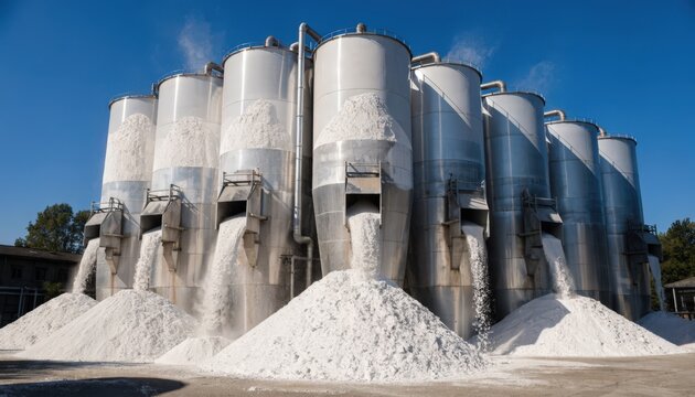Smeltergrade alumina storage silos bathed in bright sunlight showcasing crisp white surfaces and active loading spouts with vibrant clear blue skies overhead.