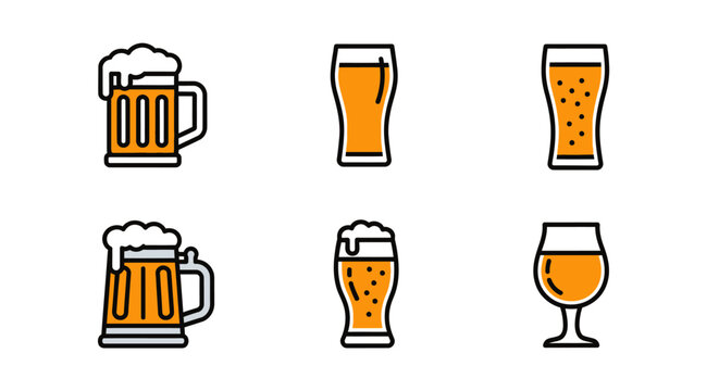 Set of six different beer glasses with foam and bubbles in vector illustration.