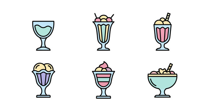 Colorful vector illustration of various ice cream desserts in elegant glasses.