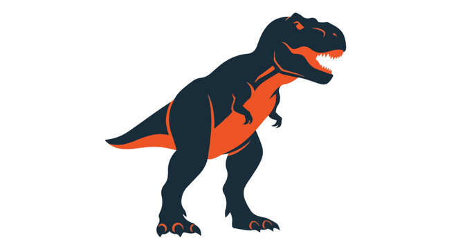 Stylized graphic illustration of a roaring Tyrannosaurus Rex dinosaur in dark blue and orange colors.