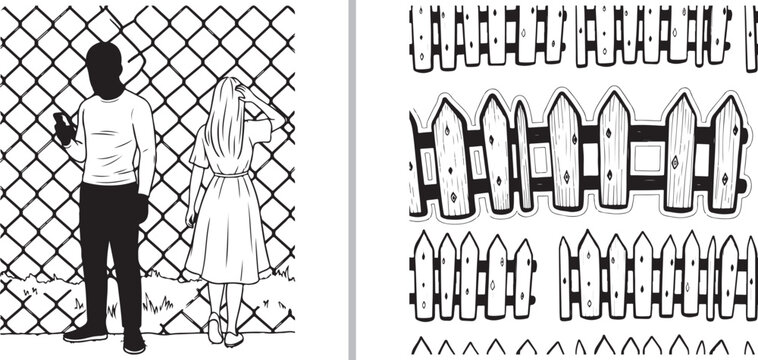 Black and white vector illustration showing a man and woman by a chain-link fence, paired with various hand-drawn wooden picket fence segments and grass tufts.