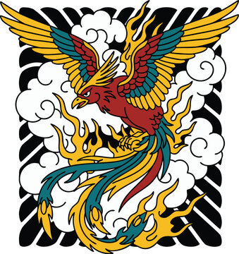 Japanese phoenix tattoo vector, traditional irezumi style fire bird with clouds, mythical red and gold phoenix illustration for apparel design