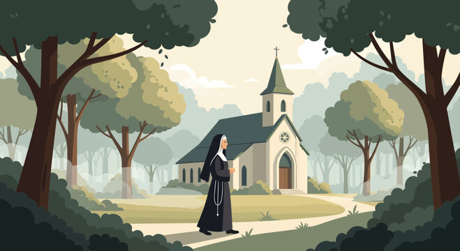 A nun walking towards a church in a serene landscape.