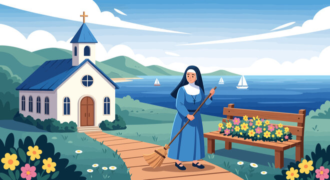 A nun with a broom and a floweradorned bench.