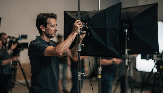 Focused medium shot on gaffer attaching flags to light stands enhancing highcontrast shadows with outoffocus crew and equipment surrounding the scene.