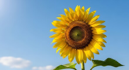 Obraz premium Vibrant sunflower against a clear blue summer sky with fluffy white clouds