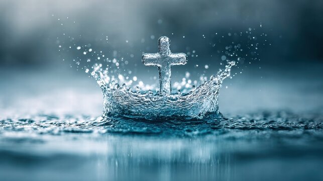 A cross made of water rises from a splash, a symbol of faith and spirituality.