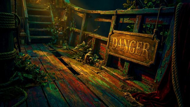 Decaying wooden deck with vibrant, weathered planks and an ominous, carved danger sign, suggesting a mysterious, forgotten pirate ship environment.