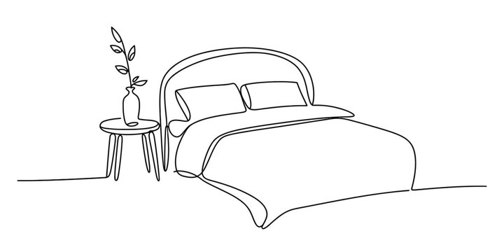 A continuous line drawing of a modern bed with a bedside table and a vase featuring a small plant Vector, illustration