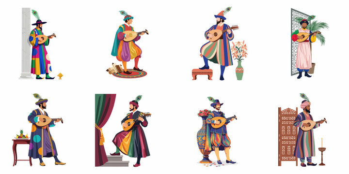 Collection of eight artistic illustrations featuring men in colorful historical costumes playing stringed instruments like lutes and ouds in decorative settings.