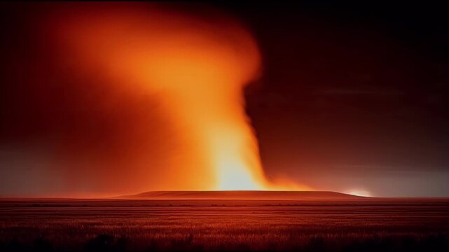 Dramatic supercell thunderstorm with a rotating wall cloud and intense sunset light over a vast prairie landscape powerful weather phenomenon imagery