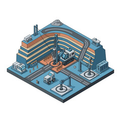 Naklejka premium Isometric illustration of a construction site with drilling equipment and infrastructure development, showcasing underground exploration and engineering.