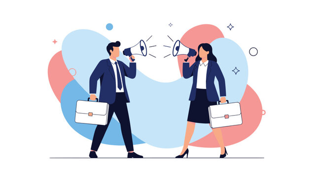Business professional man and woman use megaphones to shout at each other representing workplace conflict and communication breakdown.