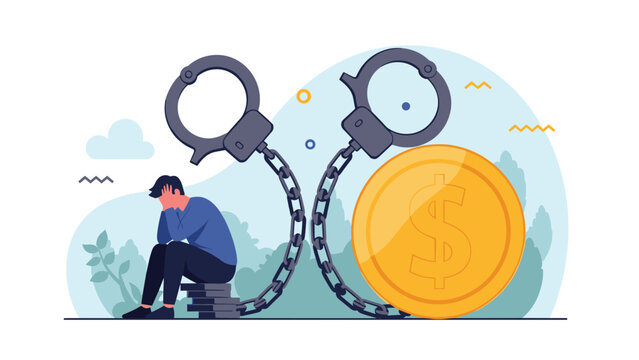Depressed businessman sits on coins while being shackled to giant handcuffs connected to a large golden dollar.