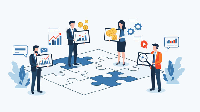 Group of business people stands on a large puzzle floor while holding various charts and financial symbols.