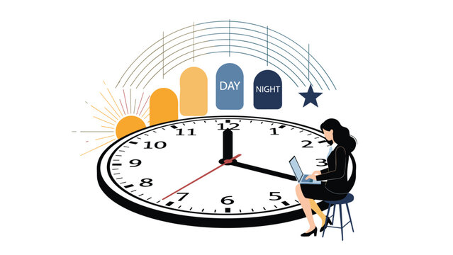 Hardworking woman sits on a giant clock with a laptop managing her schedule through day and night for better productivity.