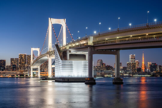 Rainbow Bridge at night, Odaiba, Tokyo, Japan