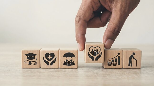 Hand carefully placing a wooden block with a family care icon into a structured row depicting various essential life insurance and social security concepts.