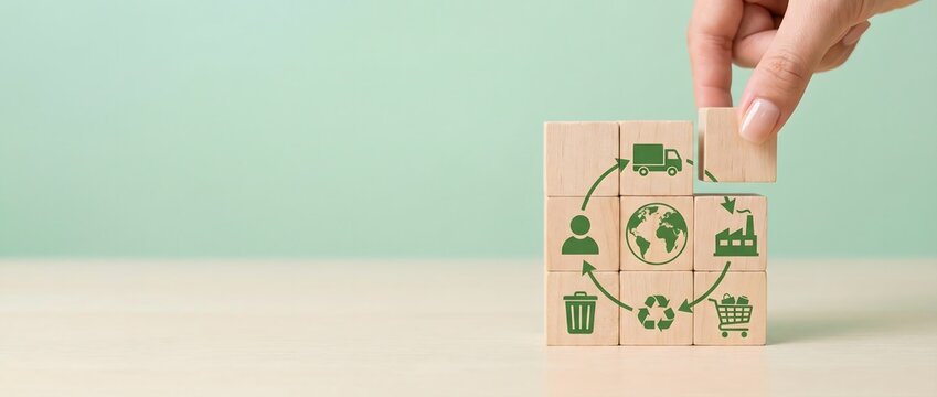 Hand places a wooden block with a connecting arrow onto a system of circular economy icons, representing sustainable resource management.