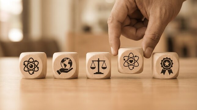 Human hand carefully places a wooden cube, bearing an atom icon, into a sequential line of blocks representing environmental, social, and governance principles.