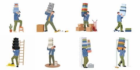 Obraz premium Set of illustrations showing a man carrying stacks of storage boxes, crates, and containers in various domestic and warehouse relocation scenarios.