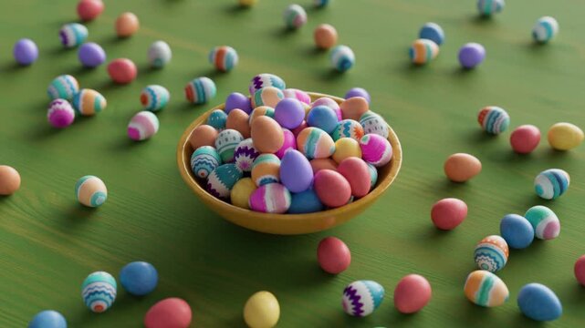 Bowl filled with colorful decorated Easter eggs on green table with scattered pastel eggs, festive spring holiday celebration concept and colorful seasonal 3D animation