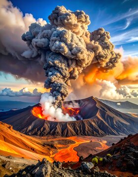 Dramatic volcanic eruption spewing ash and lava into the sky.