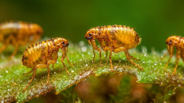 Detailed macro photography captures multiple tiny, golden-brown fleas, clearly showcasing their intricate segmented bodies, numerous bristly legs, and distinct antennae. These parasitic insects are
